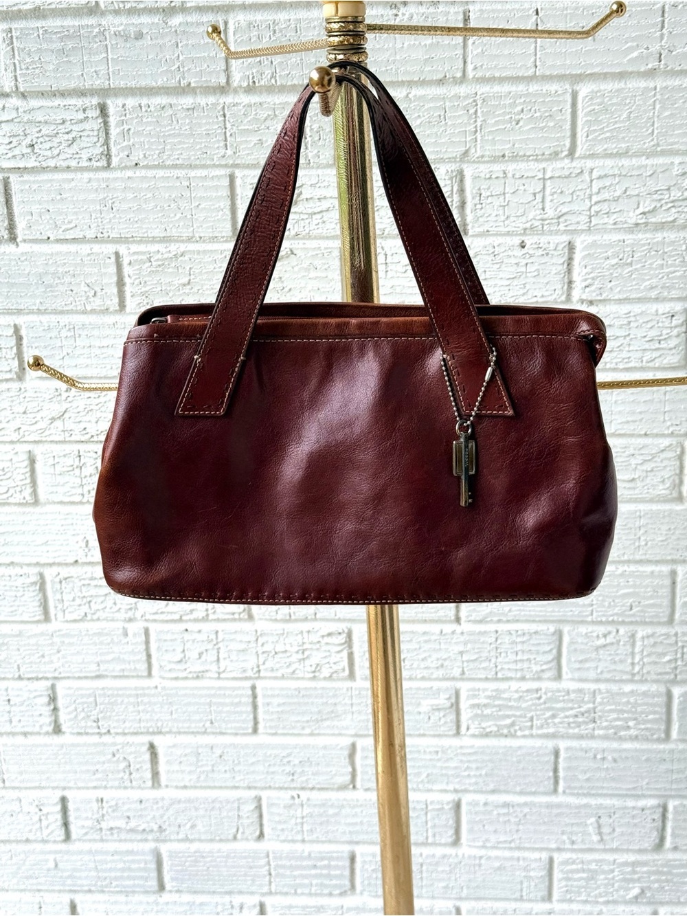 Fossil Vintage Burgundy Leather Shoulder Bag/Crossbody with Key Charm
